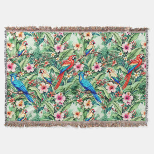 Tropical Parrots and Hibiscus in the Jungle Throw Blanket