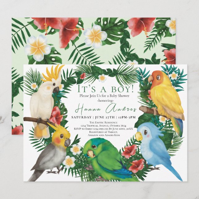 Tropical Parrots exotic birds Boy Baby Shower Invitation (Front/Back)