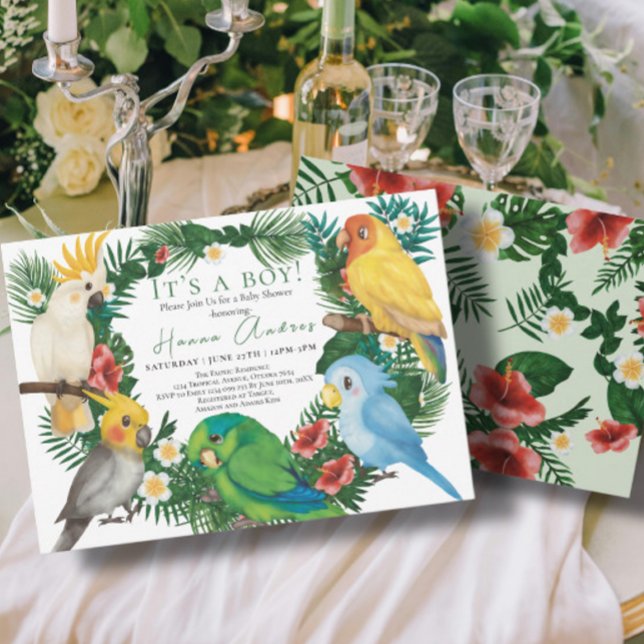 Tropical Parrots exotic birds Boy Baby Shower Invitation (Creator Uploaded)