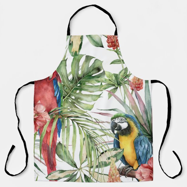 Tropical parrots, hibiscus: watercolor pattern. apron (Front)