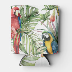 Tropical parrots, hibiscus: watercolor pattern. can cooler