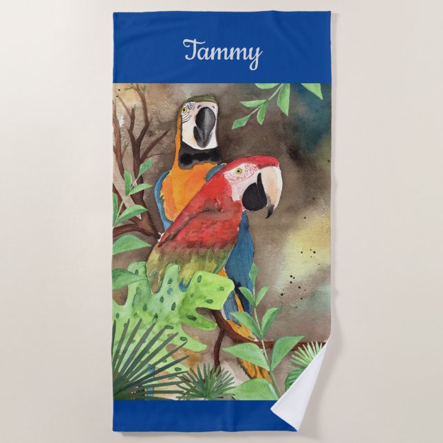Tropical Parrots in blue personalised Beach towel (Front)