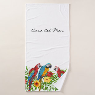 Tropical parrots leaves summer house name white bath towel set