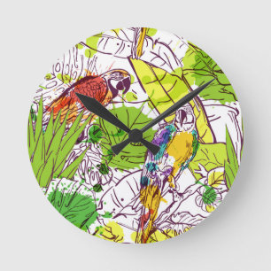 Tropical Parrots Round Clock