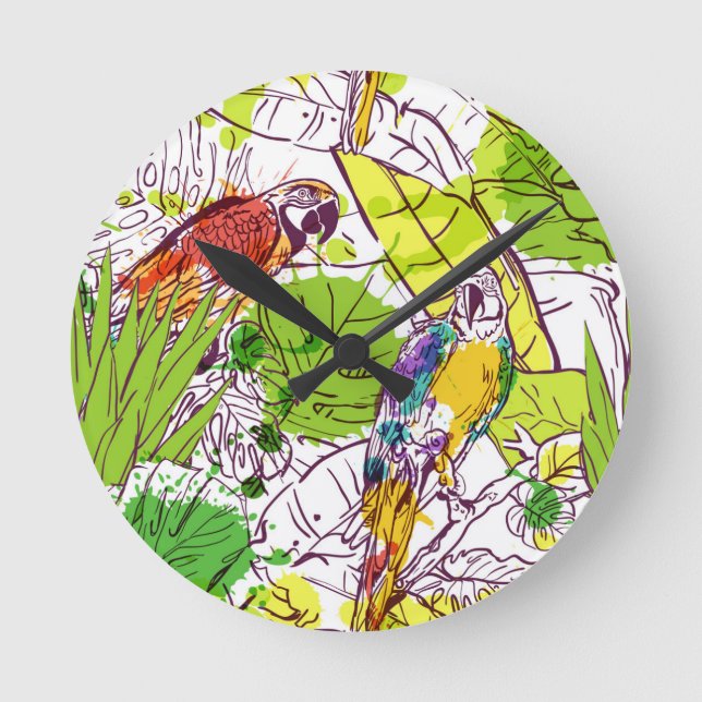 Tropical Parrots Round Clock (Front)