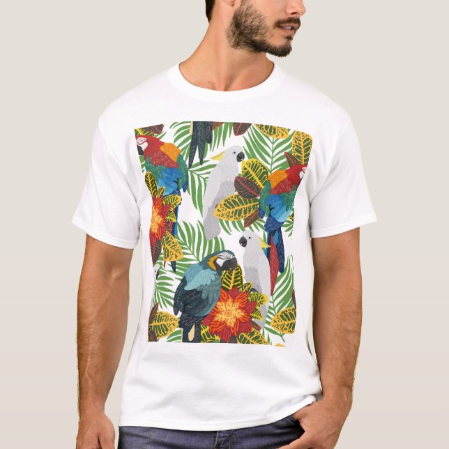 Tropical parrots, vintage seamless pattern. T-Shirt (Front)