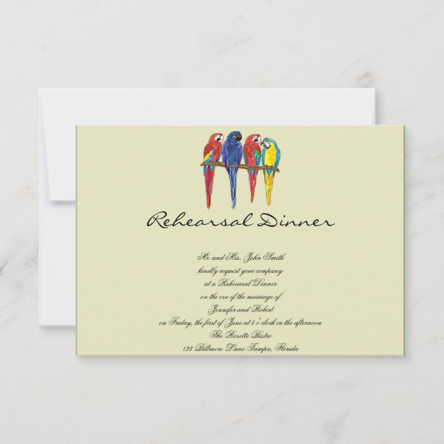 Tropical Parrots Wedding Rehearsal Invitation (Front)