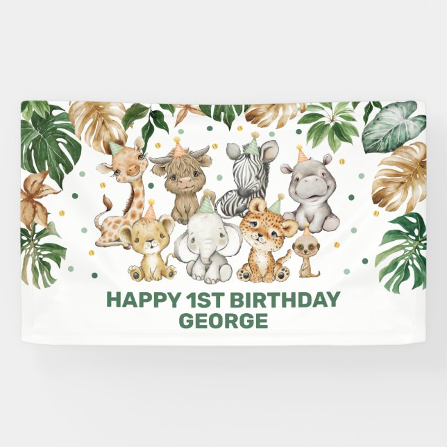 Tropical Party Animal Jungle Wild One 1st Birthday Banner (Horizontal)