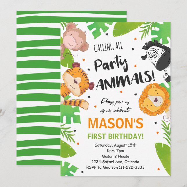 Tropical Party Animals Safari Jungle Invitation (Front/Back)