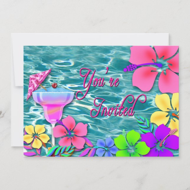 Tropical Party Invitation - Water/Flowers/Drink (Front)