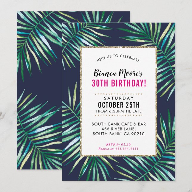TROPICAL PARTY INVITE watercolor palm leaves luau (Front/Back)