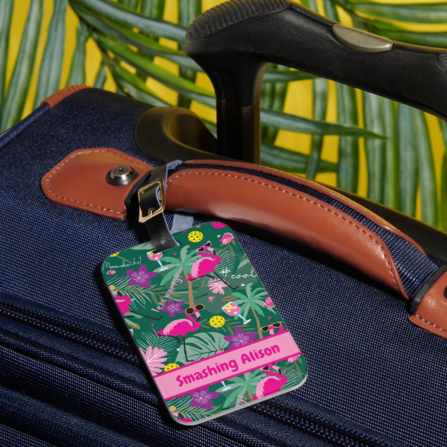 🤩Tropical party with pickleball, custom text  Luggage Tag (Front Insitu 1)