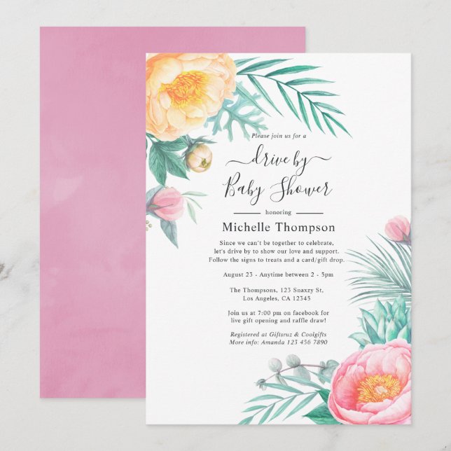 Tropical Pastel Floral Drive By Shower Invitation (Front/Back)