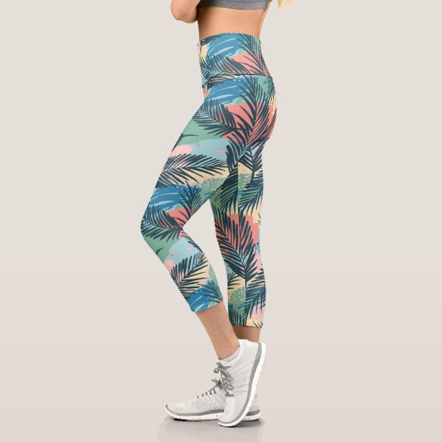 Tropical Pastel Leaf Pattern Capri Leggings (Left)