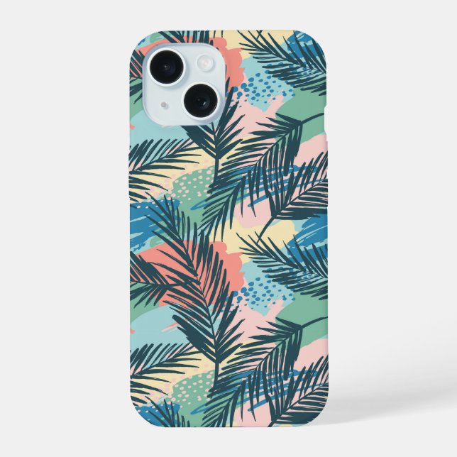 Tropical Pastel Leaf Pattern iPhone 15 Case (Back)