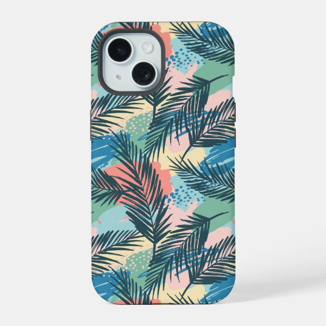 Tropical Pastel Leaf Pattern iPhone 15 Case (Back)