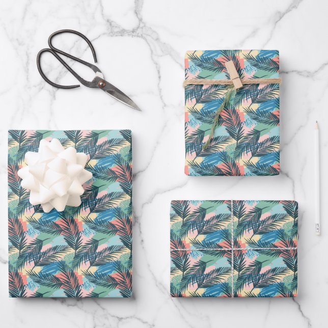 Tropical Pastel Leaf Pattern Wrapping Paper Sheet (Front)