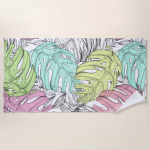 Tropical pastel monstera leaf watercolor pattern  beach towel