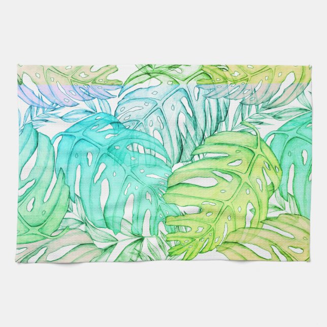 Tropical pastel monstera leaf watercolor pattern  tea towel (Horizontal)