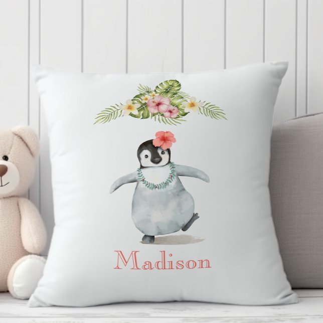 Tropical pastel pink floral baby penguin nursery cushion (Creator Uploaded)