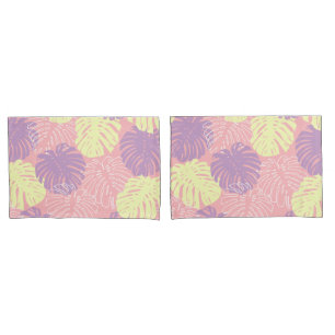 Tropical Pastel Pink Yellow Monstera Jungle Leaves Pillowcase