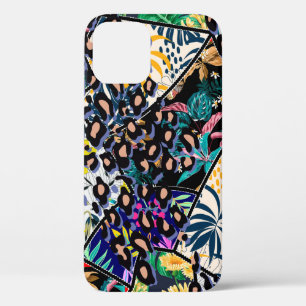 Tropical patchwork leaf and leaves pattern backgro iPhone 12 case