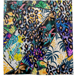 Tropical patchwork leaf and leaves pattern backgro shower curtain