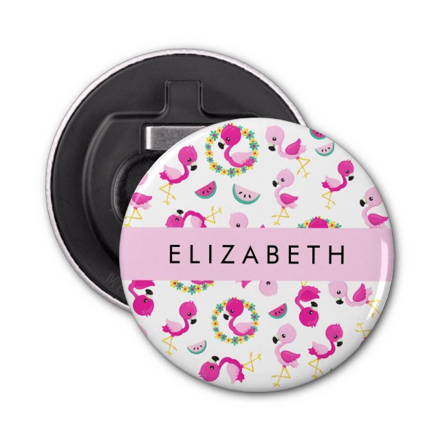 Tropical Pattern, Flamingos, Flowers, Your Name Bottle Opener (Front)