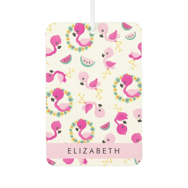 Tropical Pattern, Flamingos, Flowers, Your Name Car Air Freshener (Front)