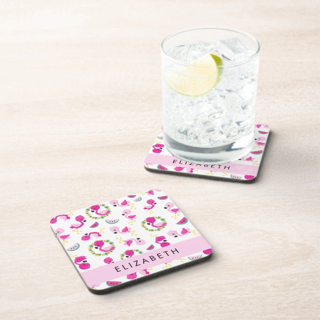 Tropical Pattern, Flamingos, Flowers, Your Name Coaster (Right Side)