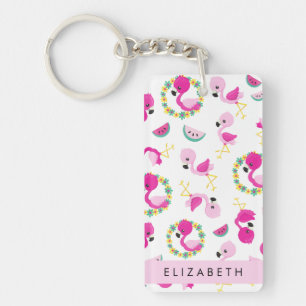 Tropical Pattern, Flamingos, Flowers, Your Name Key Ring