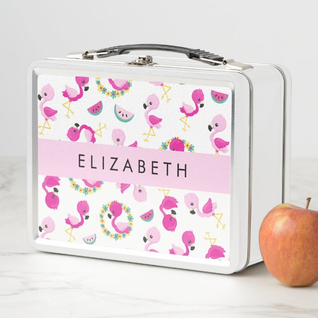 Tropical Pattern, Flamingos, Flowers, Your Name Metal Lunch Box (In Situ)