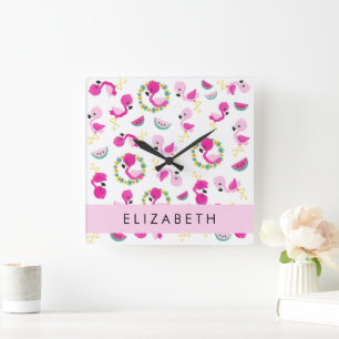 Tropical Pattern, Flamingos, Flowers, Your Name Square Wall Clock
