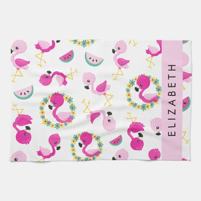 Tropical Pattern, Flamingos, Flowers, Your Name Tea Towel (Horizontal)
