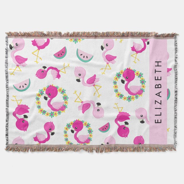 Tropical Pattern, Flamingos, Flowers, Your Name Throw Blanket (Front)