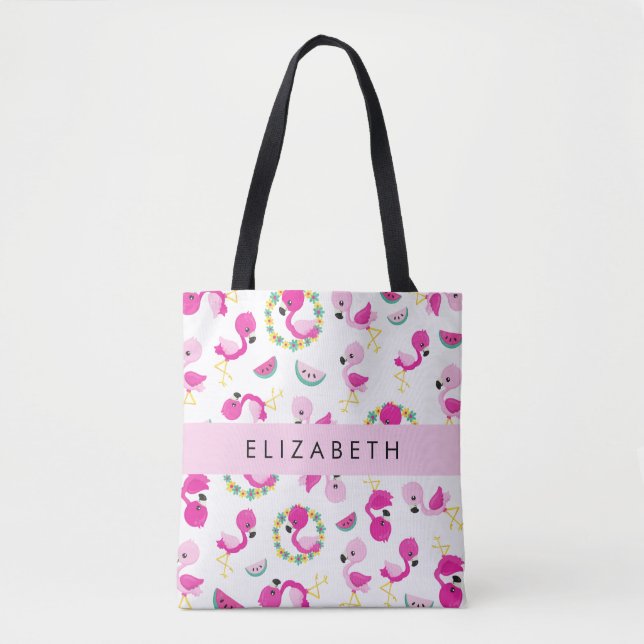 Tropical Pattern, Flamingos, Flowers, Your Name Tote Bag (Front)