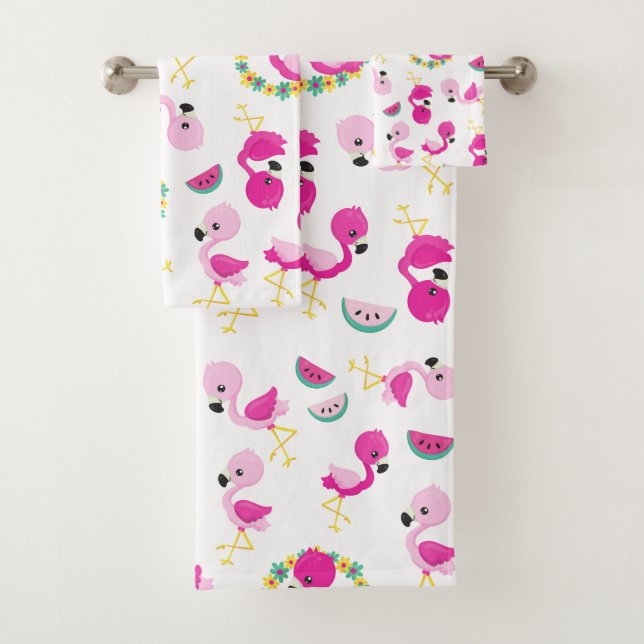 Tropical Pattern, Flamingos, Watermelons, Flowers Bath Towel Set (Insitu)