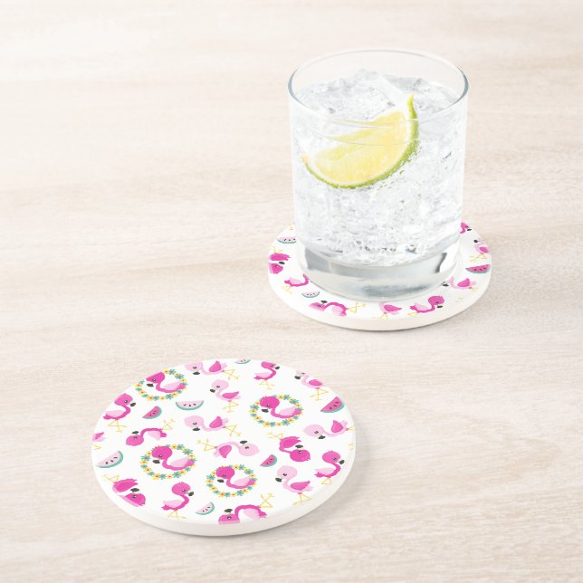 Tropical Pattern, Flamingos, Watermelons, Flowers Coaster (Side)