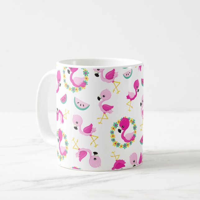 Tropical Pattern, Flamingos, Watermelons, Flowers Coffee Mug (Front Left)