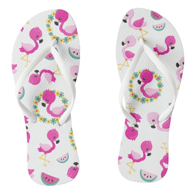 Tropical Pattern, Flamingos, Watermelons, Flowers Flip Flops (Footbed)
