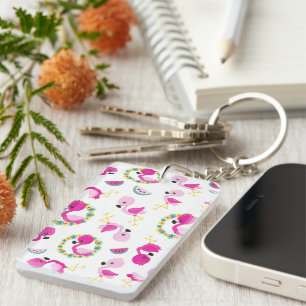 Tropical Pattern, Flamingos, Watermelons, Flowers Key Ring