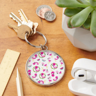 Tropical Pattern, Flamingos, Watermelons, Flowers Key Ring
