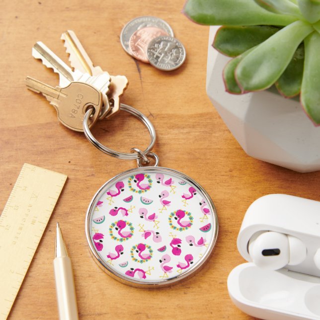 Tropical Pattern, Flamingos, Watermelons, Flowers Key Ring (Desk)