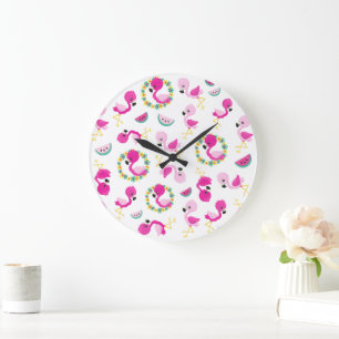 Tropical Pattern, Flamingos, Watermelons, Flowers Large Clock