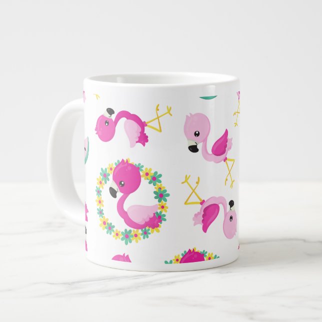 Tropical Pattern, Flamingos, Watermelons, Flowers Large Coffee Mug (Front Left)