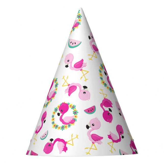 Tropical Pattern, Flamingos, Watermelons, Flowers Party Hat (Front)