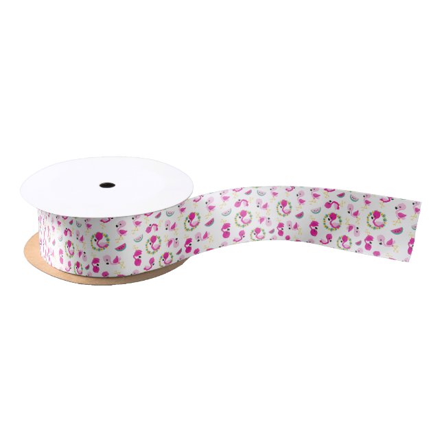 Tropical Pattern, Flamingos, Watermelons, Flowers Satin Ribbon (Spool)