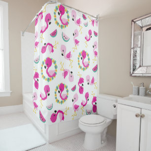 Tropical Pattern, Flamingos, Watermelons, Flowers Shower Curtain