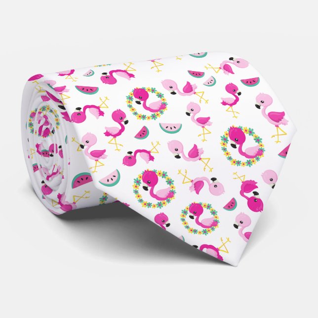 Tropical Pattern, Flamingos, Watermelons, Flowers Tie (Rolled)