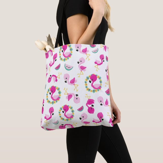 Tropical Pattern, Flamingos, Watermelons, Flowers Tote Bag (Close Up)